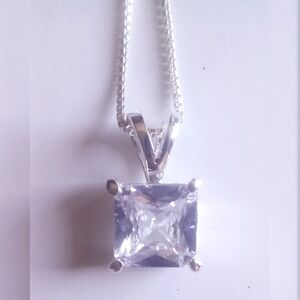 Sterling Silver 925 Italy CZ Square Solitaire Pendant Necklace